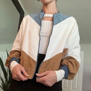 Blue brown and white color block zip up jacket
